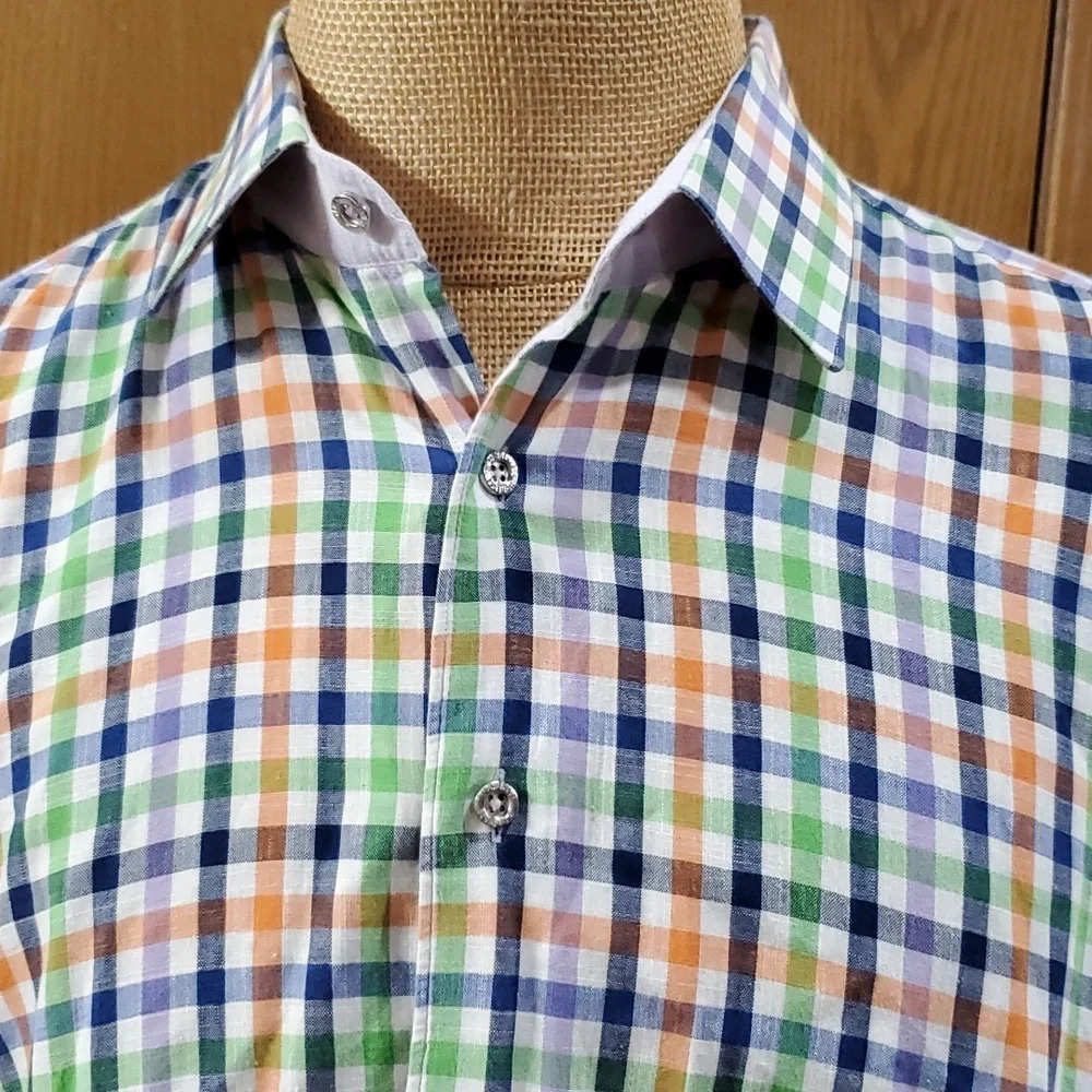 Jared Lang multicolored plaid long sleeve tab convertible shirt
